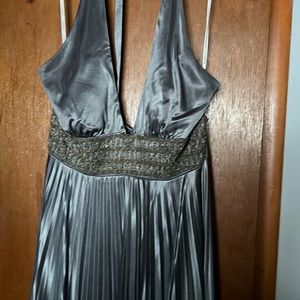 Casual long pleated silver satin gown halter top part open back worn once